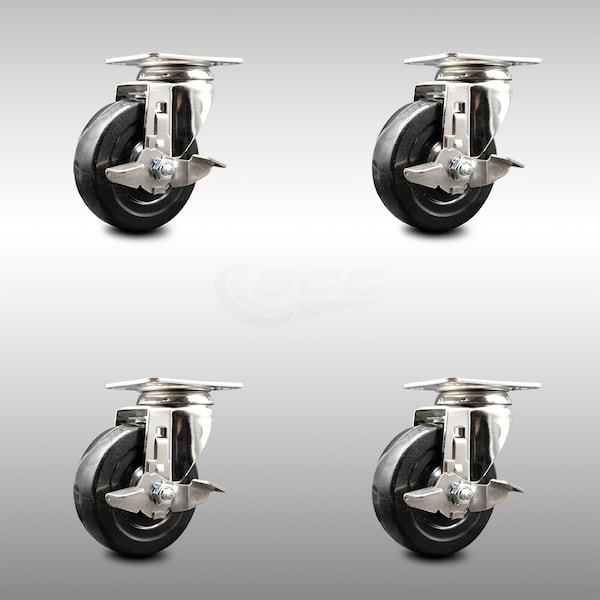 4 Inch 316SS Hard Rubber Wheel Swivel Top Plate Caster Set with Brake SCC
